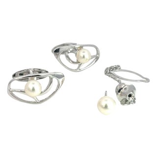 1990s Mikimoto Estate Akoya Pearl Cufflinks + Tie Pin Set Sterling Silver, 3 Pieces For Sale