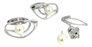 1990s Mikimoto Estate Akoya Pearl Cufflinks + Tie Pin Set Sterling Silver, 3 Pieces