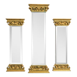 Vintage Architectural Column Wall Mirrors Set of 3 Gold Gilt Beveled Hollywood Regency For Sale