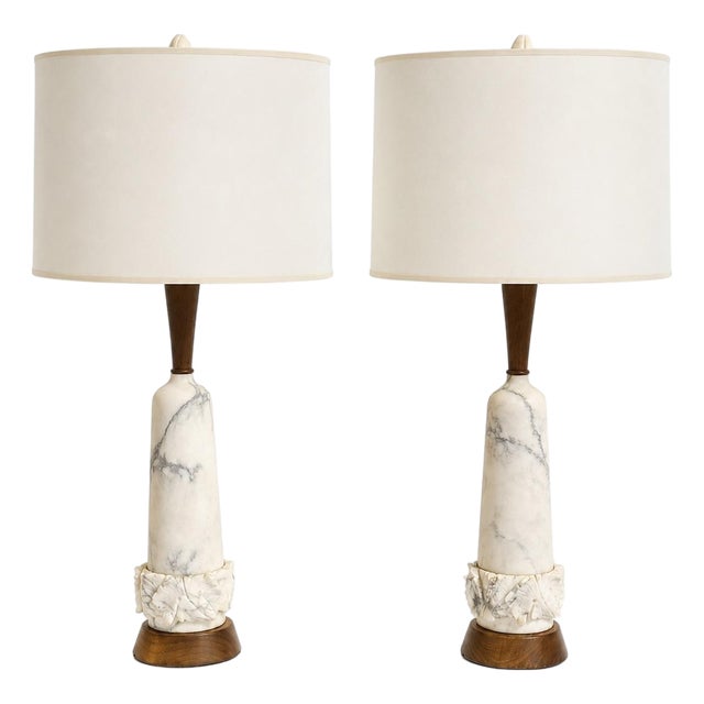 1960s Mid-Century Carved Marble Table Lamps - Pair For Sale