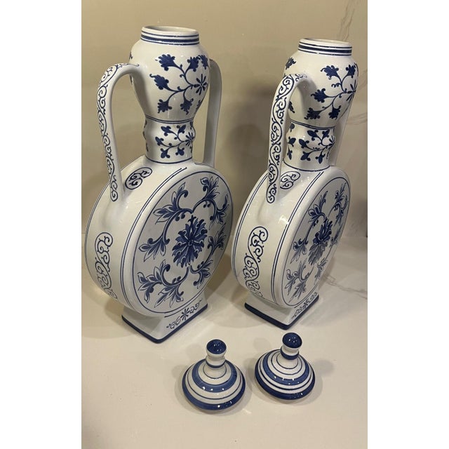 Ceramic Vintage Pair of Blue and White Chinese Porcelain Moonflask (Urn, Vase) For Sale - Image 7 of 13