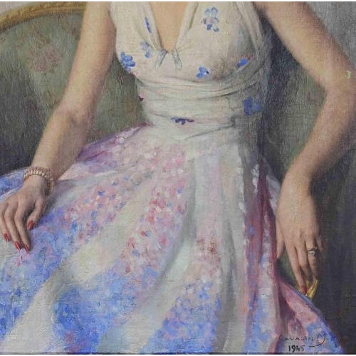 Unknown, Portrait of an Elegant Young Woman Seated in\., 1945, Oil Painting For Sale - Image 3 of 5
