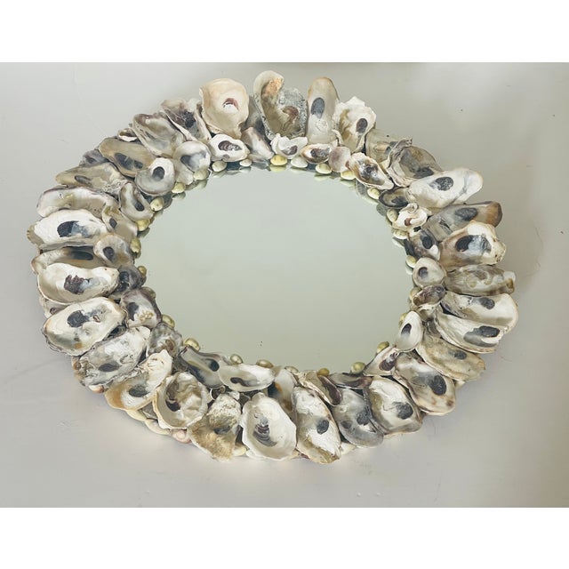 Shell 1970sReduced- Coastal Grotto Oyster Shells Encrusted Round Mirtor For Sale - Image 7 of 8