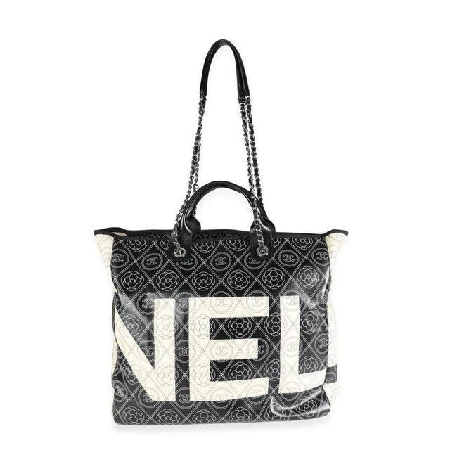 Chanel Black and Beige Coated Canvas and Leather Camellia & CC Print Shopper Tot For Sale - Image 4 of 5