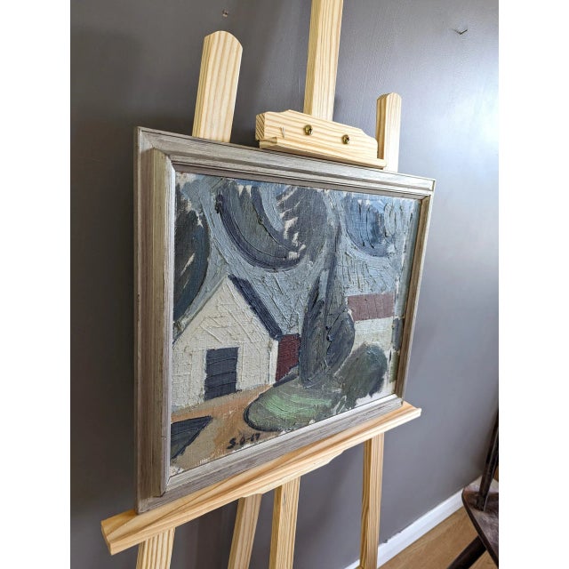 1967 Mid-Century Modern Swedish "House by the Trees" Vintage Landscape Oil Painting, Framed For Sale - Image 10 of 11