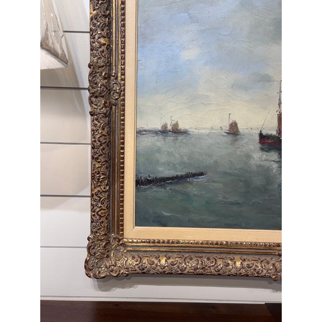 Light Gray Ship Leaving Harbor Oil Painting For Sale - Image 8 of 11