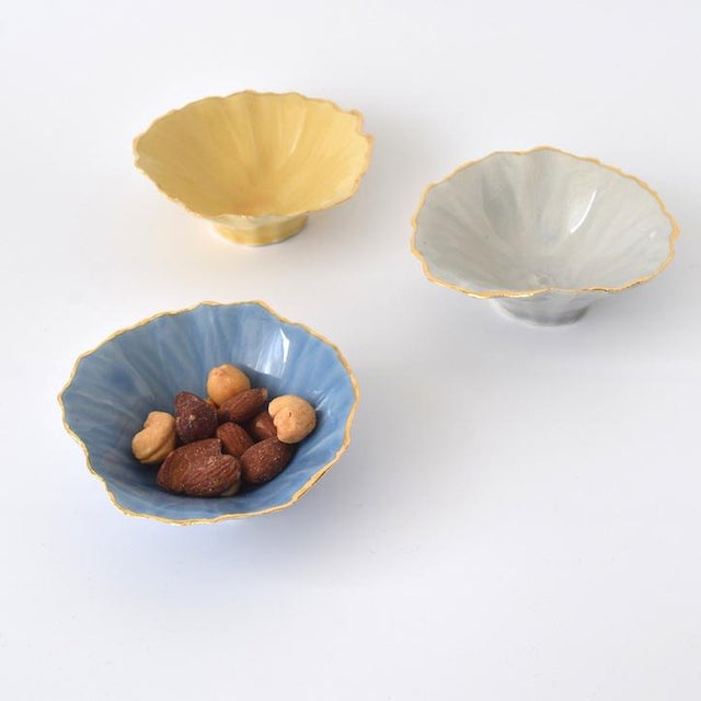 Contemporary Handmade Gold Rimmed Sky Blue Appetizer/Snack Bowls by