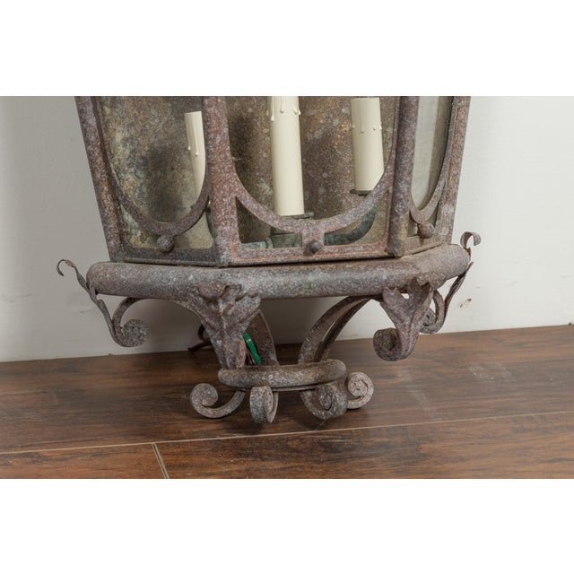 1920s French Iron Three-Light Lanterns with Scrolling Motifs and Foliage - a Pair For Sale - Image 12 of 12