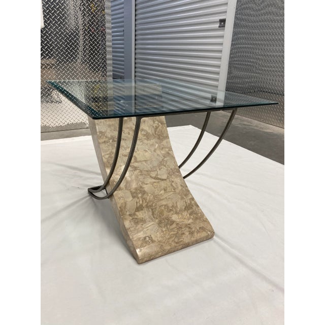 Mid-Century Modern 1980s Maitland-Smith Style Tessellated Stone and Iron Sculptural Base Glass Top Side End Table For Sale - Image 3 of 13