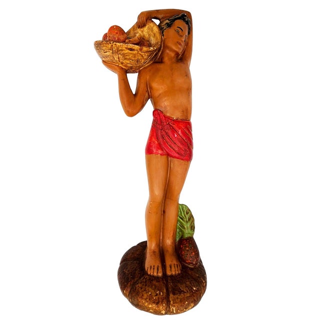 Original post-war ceramic Hawaiian native boy with fruit offering & flowers made from lightweight plaster and painted in...