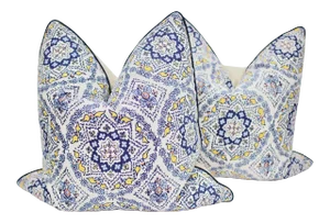John Robshaw "Vema" 22" Square Hand Printed Linen Pillows - a Pair