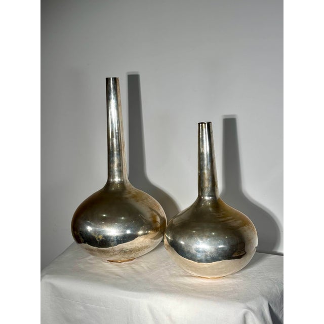 Silver-Plated Metal Bottle Vases, Italy, 1970s, Set of 2 For Sale - Image 3 of 12