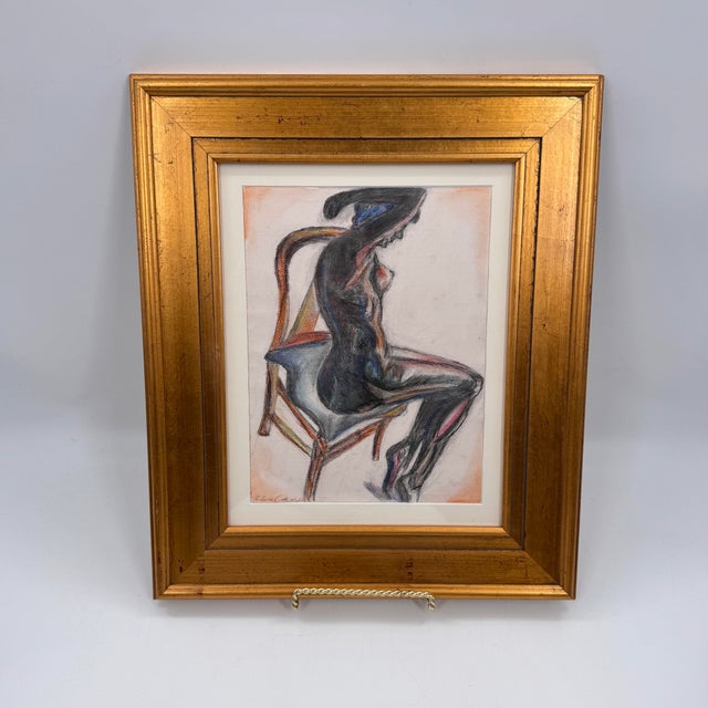 Signed Seated Nude Figure Drawing Charcoal Colored Pencil Gilt Frame For Sale - Image 9 of 12