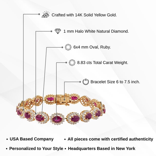8.83ct Oval Cut Natural Red Ruby and Diamond Tennis Bracelet in 14k Yellow Gold For Sale - Image 13 of 18