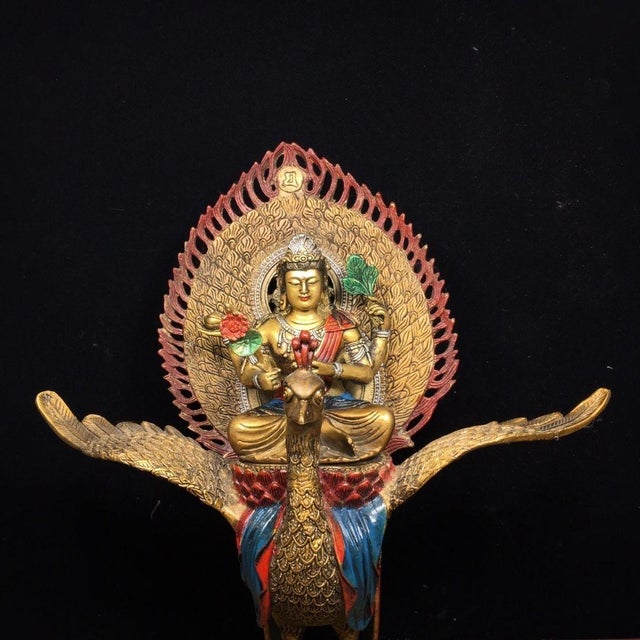Metal Vintage Gilt Bronze Sculpture of Mahamayuri Peacock King With Removable Deity Figure For Sale - Image 7 of 9