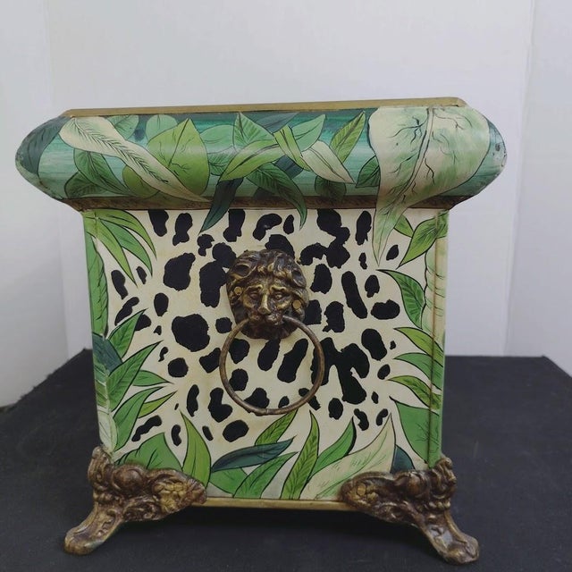 Vintage John Richard Jungle Leopard Print Tole Metal Planter Cachepot W/Brass Lion Head Rings Ornate Feet For Sale - Image 9 of 10