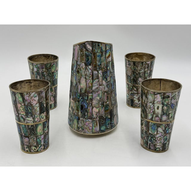 Shell 1960s Mexican Abalone Inlay Alpaca Silver Pitcher & 4 Tumblers Barware Set For Sale - Image 7 of 18