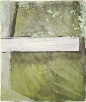 Tux 03 12*14 Monoprint Painting Original Art by Carrie Bergey - Olive Moss Green Black White