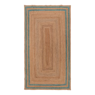 Turquoise Blue Double Border Rectangle Jute Handmade Rug 5'x7' Ft. For Sale