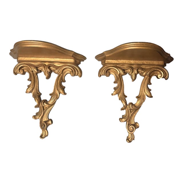 Pair of Vintage Ornate Gilt Decorated Syroco Wood Wall Hanging Display Shelves For Sale