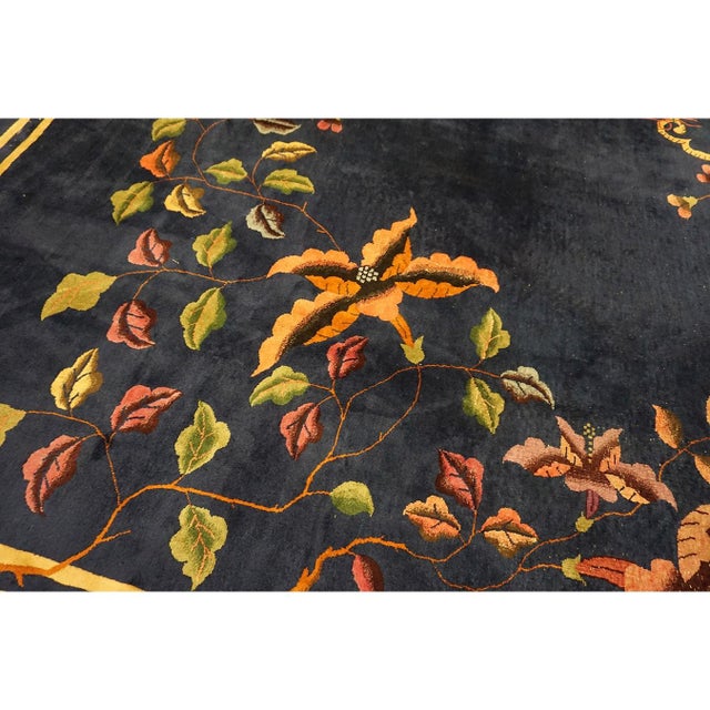 Navy Blue 1920s Navy Blue Green Floral Antique Chinese Art Deco Carpet 11'9" X 14'9'' Rug For Sale - Image 8 of 10