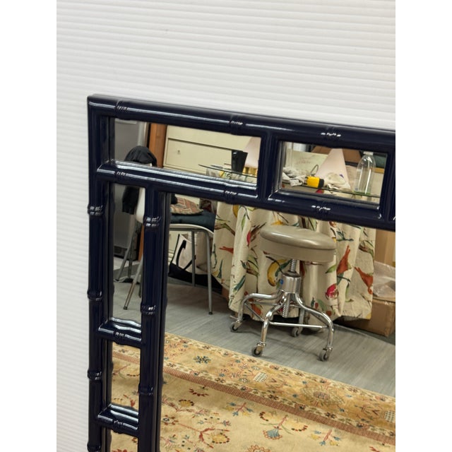 Chinoiserie Chinoiserie Lacquered Faux Bamboo Wall Mirror, Navy For Sale - Image 3 of 12