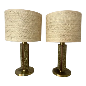 Pair of Brass and Wood Sculpture Lamps by Angelo Brotto for Esperia. Italy 1970s