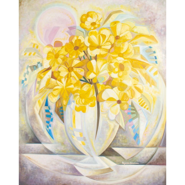 An abstract oil on canvas painting by Mexican artist Alejandro Camarena (1942-2011). This abstract work depicts a vibrant...