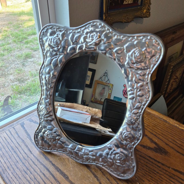 1990s Handcrafted Mexican Pewter Ornate Elegant Tabletop Mirror Folk Art 12x10" Roses For Sale - Image 12 of 16