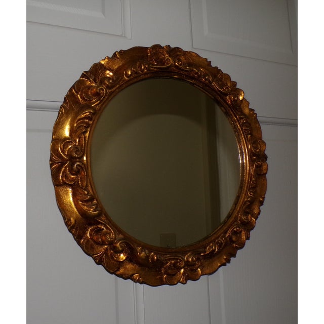 Vintage Italian Florentine Gilded Gesso Round Mirror Fleur de Lis Ornate round wall mirror featuring a raised Fleur de Lis...