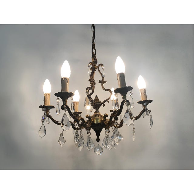 Magnificent 6-Light Bronze Cage Chandelier with Glass Drops. Magnificent 1960s cage chandelier in bronze with glass drops....