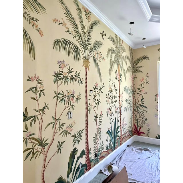 Paper Hand‑Painted Chinoiserie Tropical Palm Mural Wall Panels, Set of 2, Botanical Bird Wallpaper For Sale - Image 7 of 7