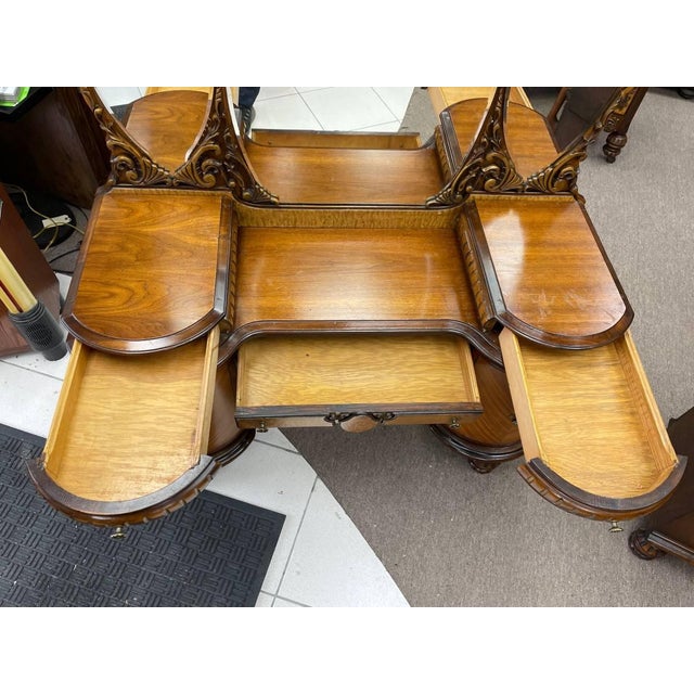 Antique 1930's Bedroom Mirrored Vanity, Hand Carved Walnut, Burl Inlay, Beveled Glass, Curved Cabinets For Sale In New York - Image 6 of 13