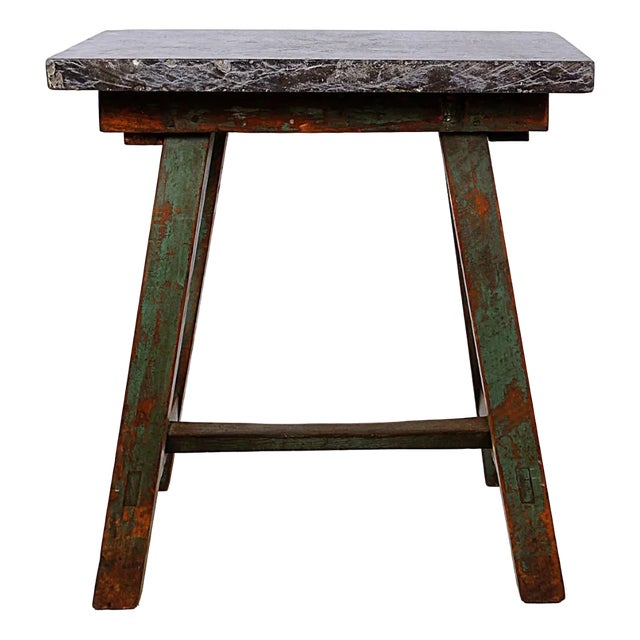 Industrial Console Table with Bluestone Top and Green Weathered Wood For Sale