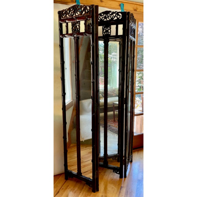 Wood Antique Asian Four Panel Carved and Mirrored Folding Screen For Sale - Image 7 of 12
