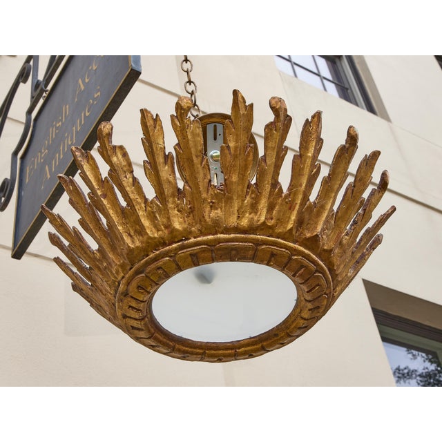 1930s Italian Giltwood Sunburst Chandelier with Frosted Glass Diffuser For Sale In Atlanta - Image 6 of 7