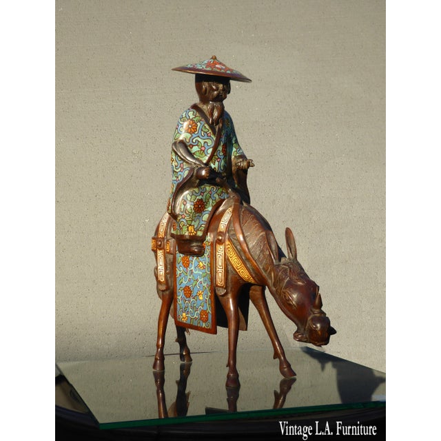 Asian Antique Vintage Asian Bronze Cloisonne Man on a Mule Statue Figuerine For Sale - Image 3 of 12