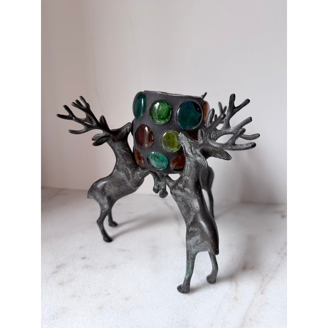 Metal Vintage Cast Iron Reindeer Candle Holder With a Multi-Colored Glass Pillar For Sale - Image 7 of 14