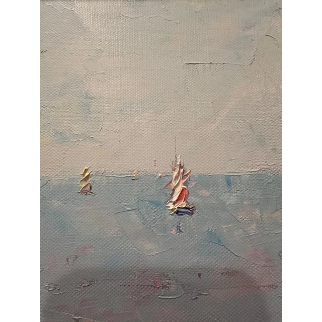 Beautifully rendered painterly original on canvas of a bench overlooking the sea, having masterful impasto and...