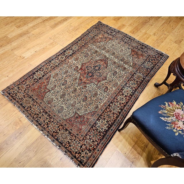 19th Century 19th Century Persian Farahan Rug, Hand-Knotted Wool, Paisley Pattern, Pale Green & Navy, 4x6 For Sale - Image 5 of 18