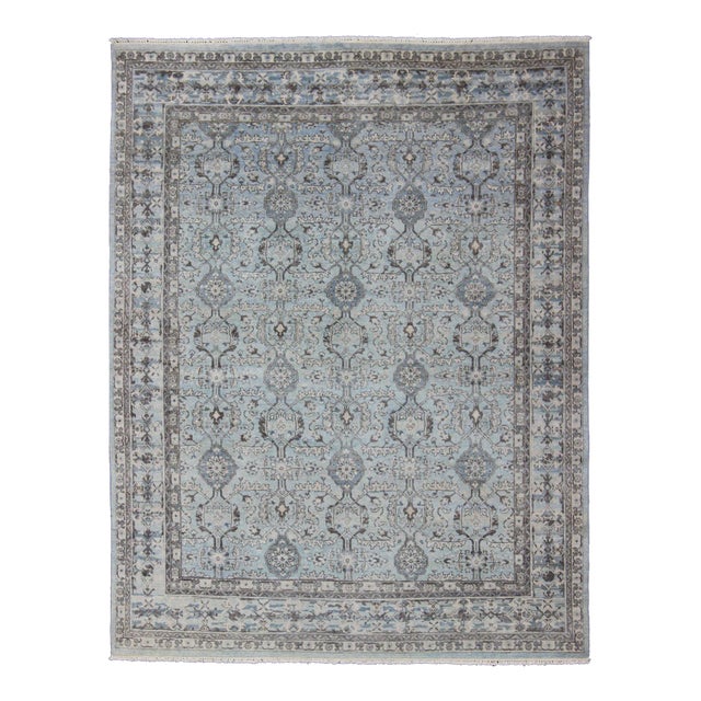 Modern Hand-Knotted Oushak Rug With Geometric Design in Blues and Browns For Sale