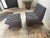 Charcoal Postmodern Sculptural Slatted Lounge Chair and Matching Ottoman in Charcoal Gray, Circa 1990s For Sale - Image 8 of 9