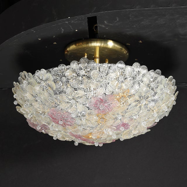 Rose Mid-Century Hand-Blown Rose Murano Glass Florets Chandelier Attributed to Barovier & Toso For Sale - Image 8 of 14