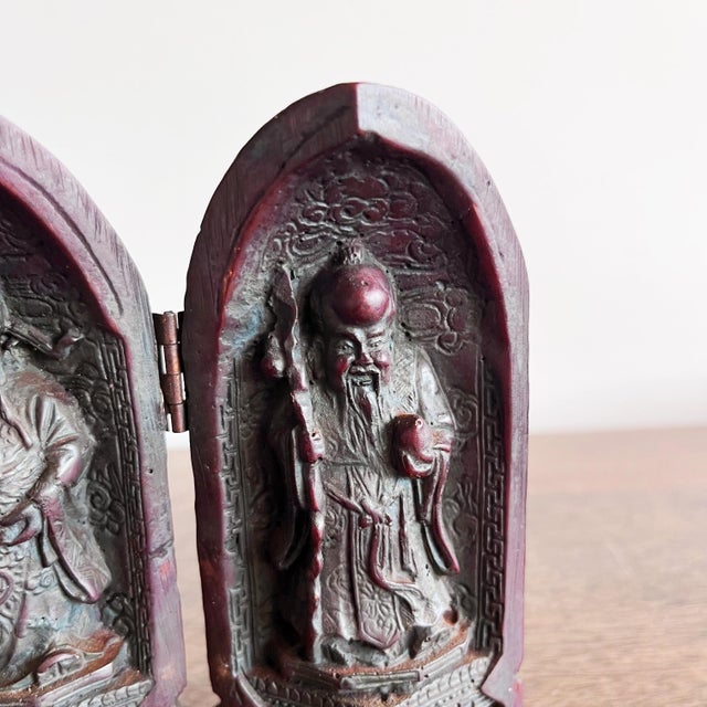 Chinese Antique Chinese Triptych Folding Sanxing Gods Resin Shrine For Sale - Image 3 of 6