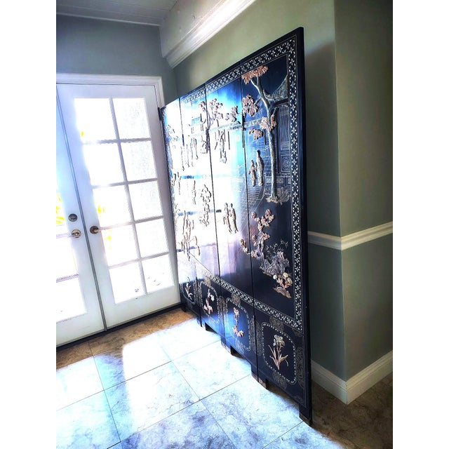 Chinese Export Four Panel Carved Soapstone Coromandel Screen For Sale In Los Angeles - Image 6 of 9