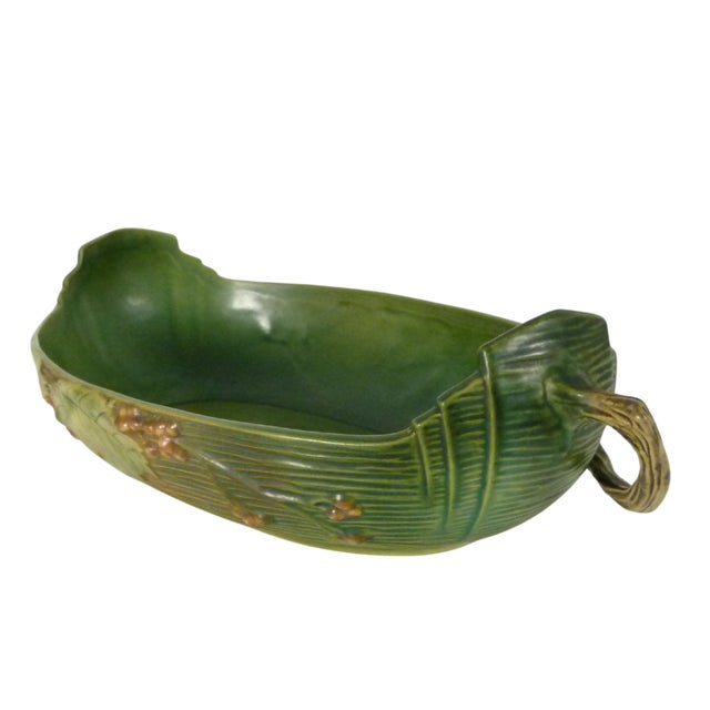 Green Vintage 1940s Roseville Pottery "Bushberry" Green Console Bowl Shape 417-14" For Sale - Image 8 of 12