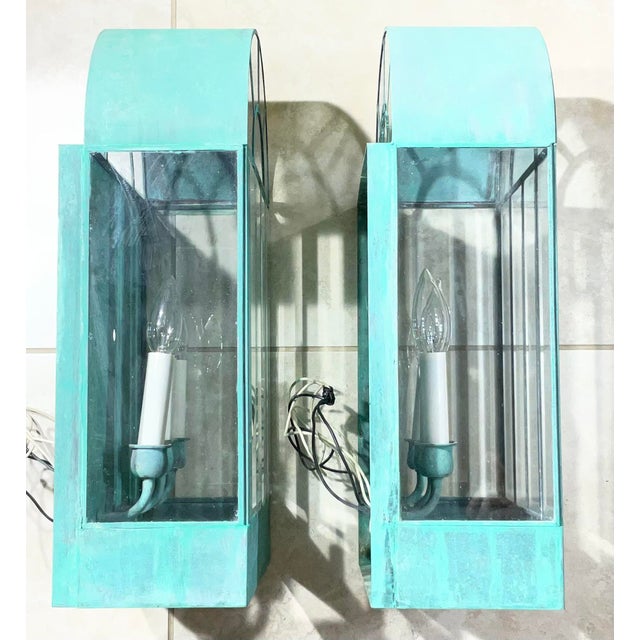 Pair of Vintage Solid Brass Wall Lanterns / Sconces With Rich Verdigris Patina For Sale - Image 4 of 13