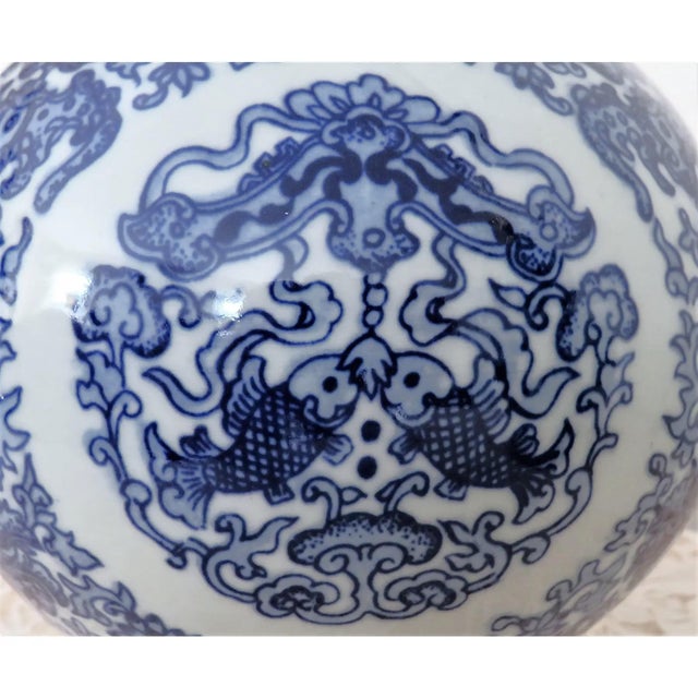 Contemporary Pair of Ralph Lauren Petite Designer Chinoiserie Table Lamps Blue & White Double Gourd Shape Koi Fish For Sale - Image 3 of 6