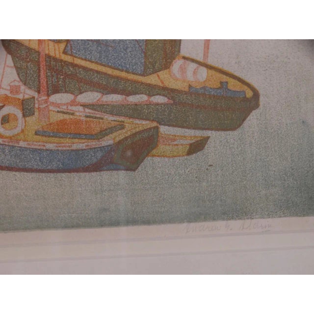 1931 "Fishing Boats (Green, Yellow, Red, Blue)" Signed Nautical Block Print by Anders Aldrin, Framed For Sale - Image 4 of 9