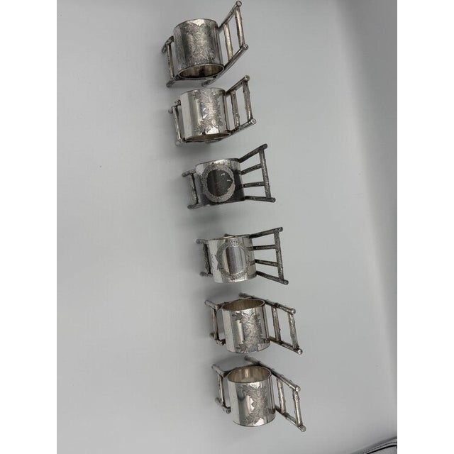 Victorian Late 19th Century Set of 6 American Victorian Sterling Silver Figural Chair Napkin Rings For Sale - Image 3 of 12